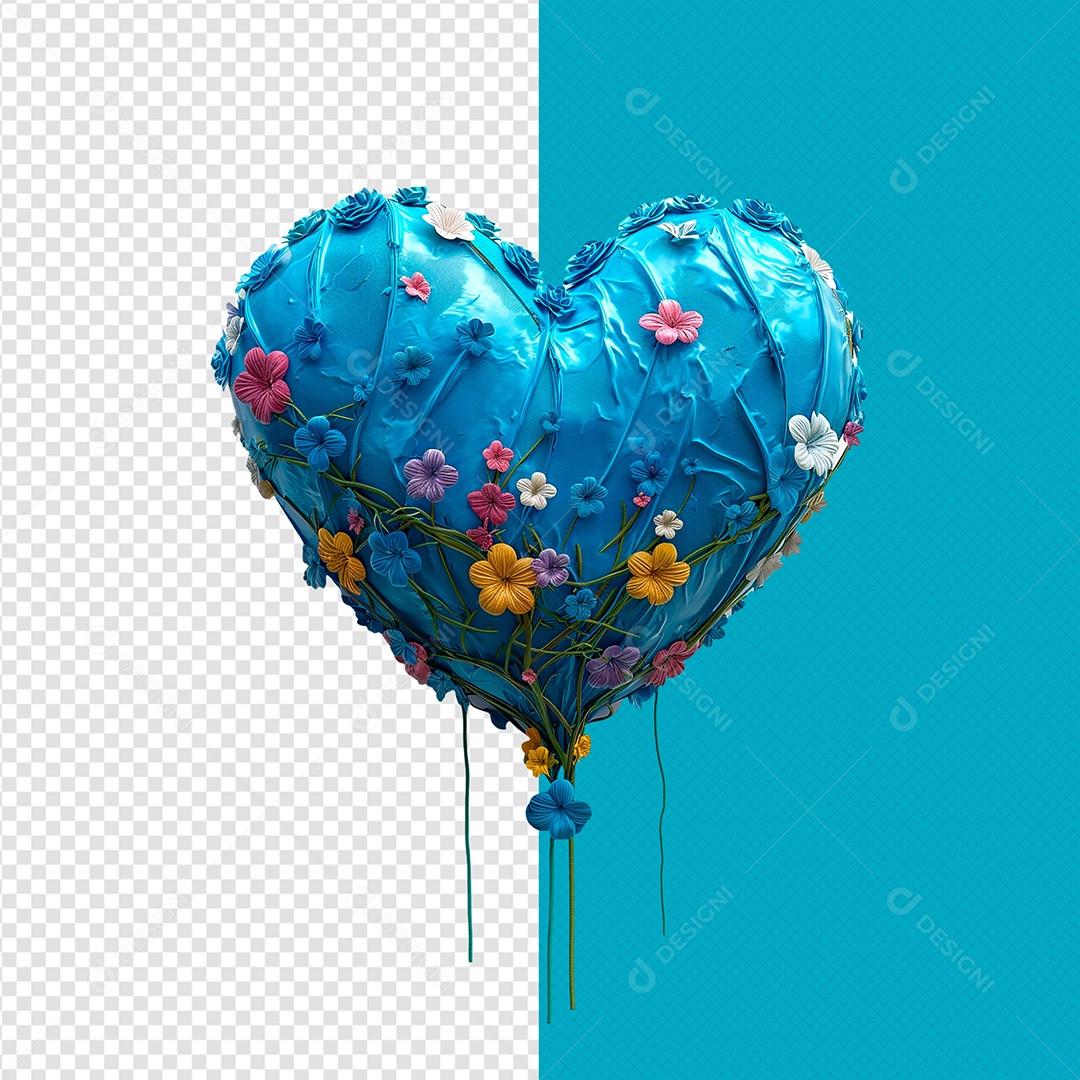 Balão de Coração com Flores Elemento 3D para Composição PSD