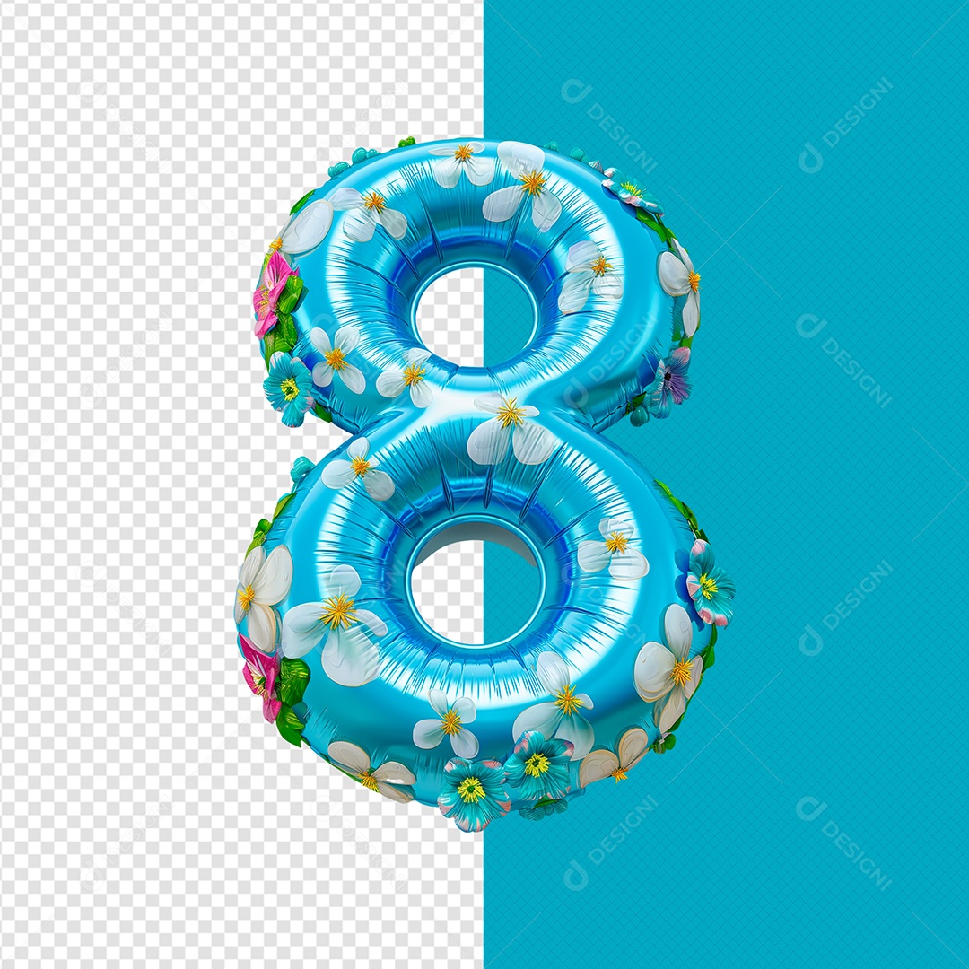 Balão 8 com Flores Elemento 3D de Dia da Mulher para Composição PSD