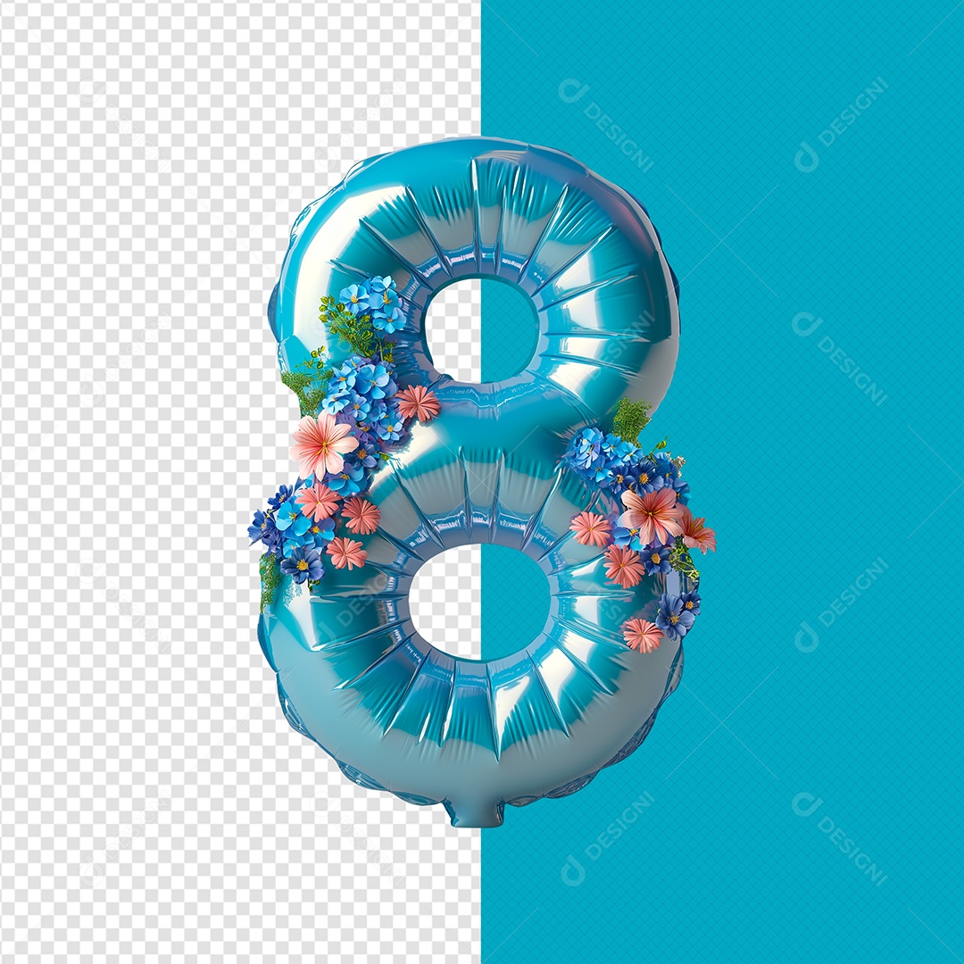 Balão 8 com Flores Azul Elemento 3D de Dia da Mulher para Composição PSD