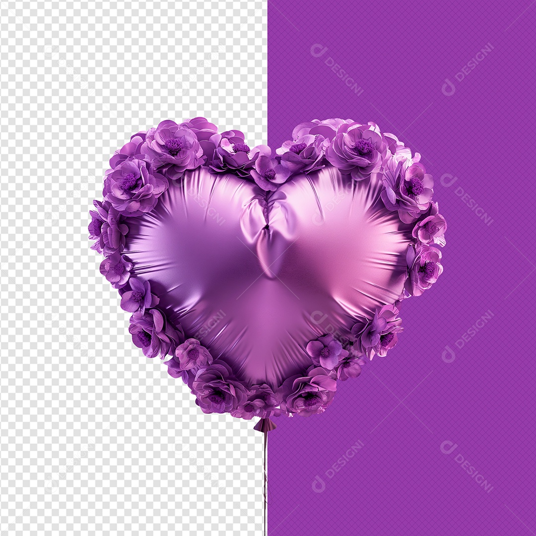 Balão de Coração com Flores Elemento 3D Roxo para Composição PSD