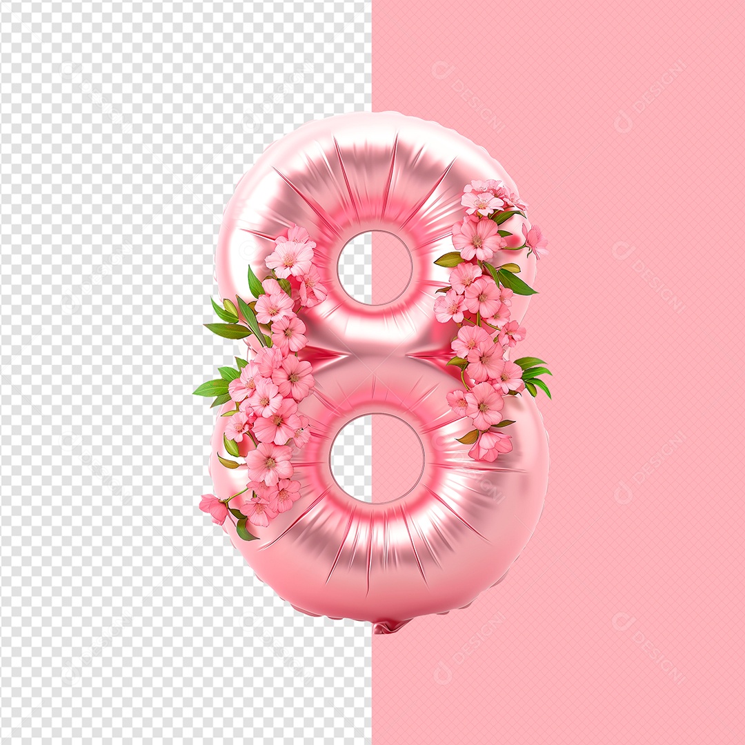 Balão 8 com Flores Elemento 3D de Dia da Mulher para Composição PSD