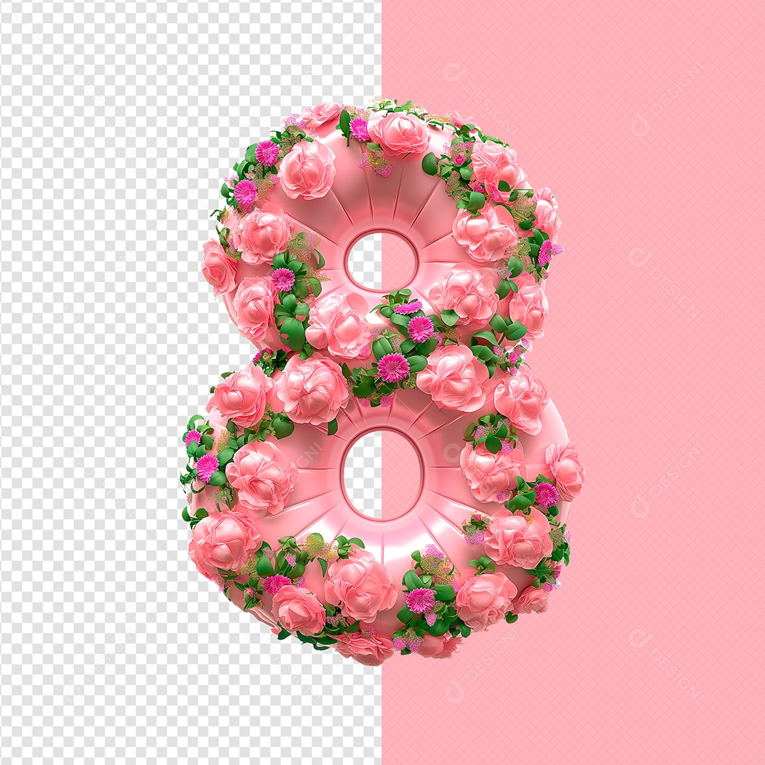 Balão 8 e Flores Elemento 3D Rosa e Roxo para Composição PSD