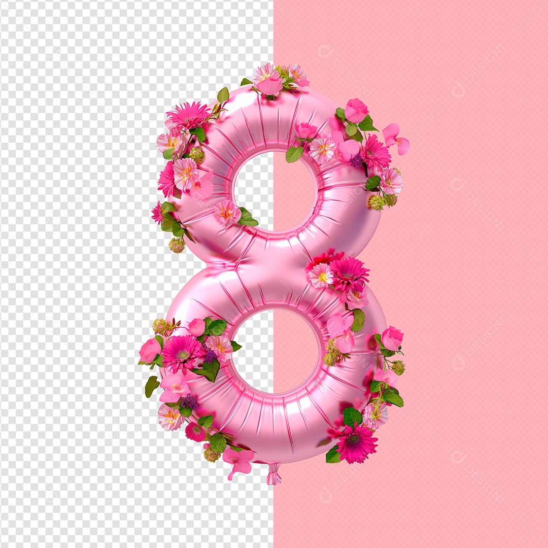 Balão 8 e Flores Rosa Elemento 3D para Composição PSD
