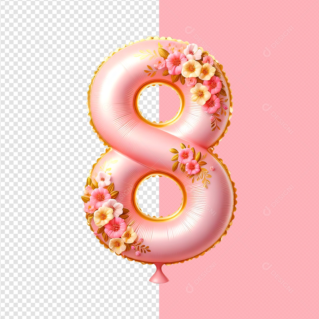 Balão 8 e Flores Elemento 3D Rosa e Dourado para Composição PSD