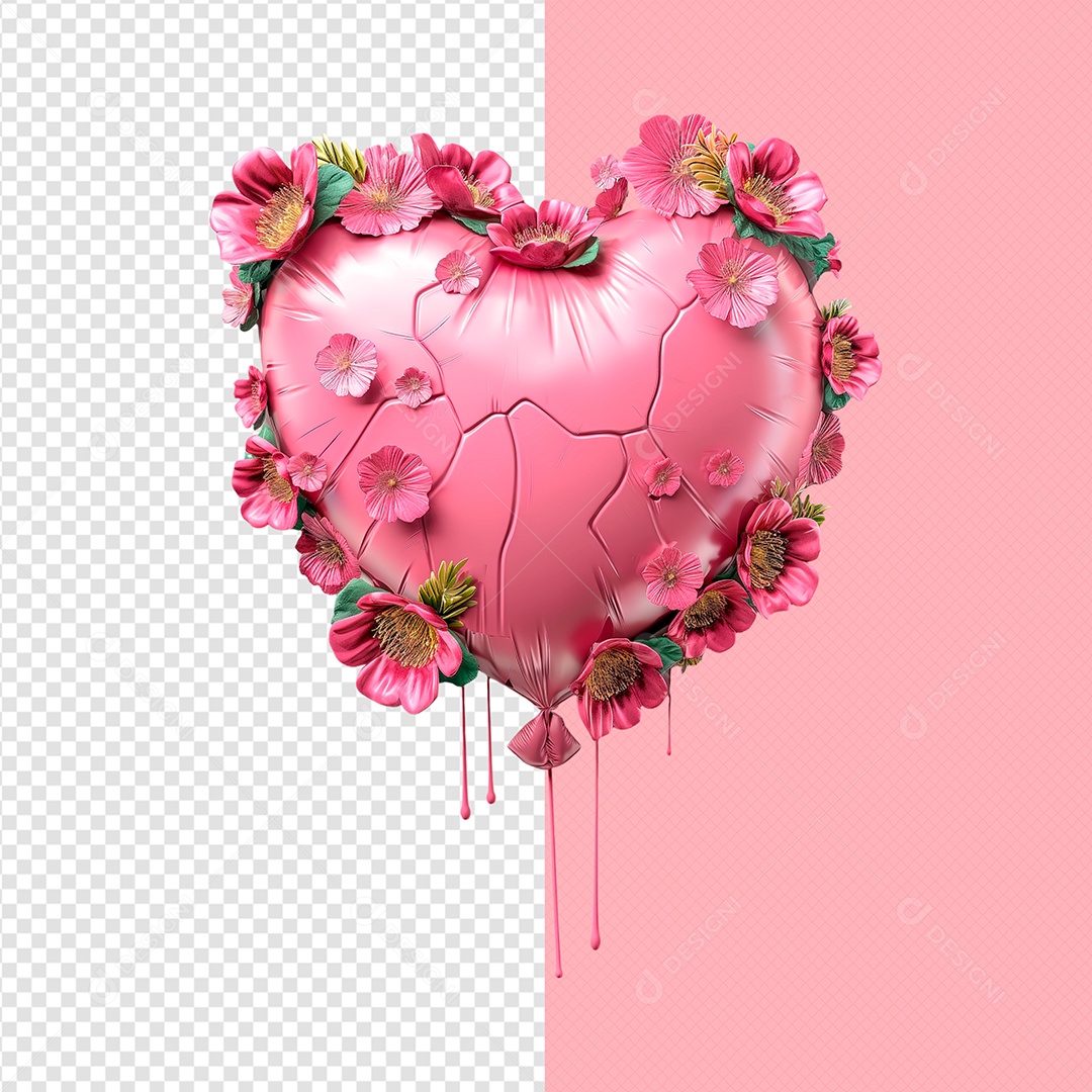 Flores e Balão de Coração Elemento 3D Rosa para Composição PSD