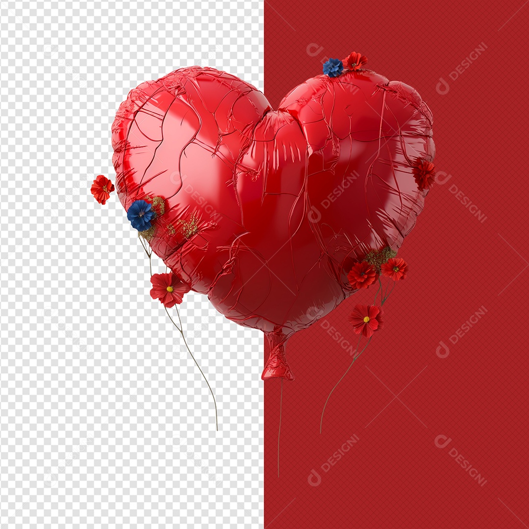 Balão de Coração Elemento 3D Vermelho para Composição PSD