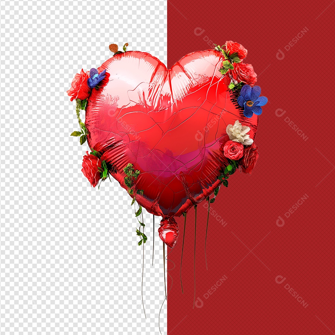 Balão de Coração com Flores Elemento 3D Vermelho para Composição PSD
