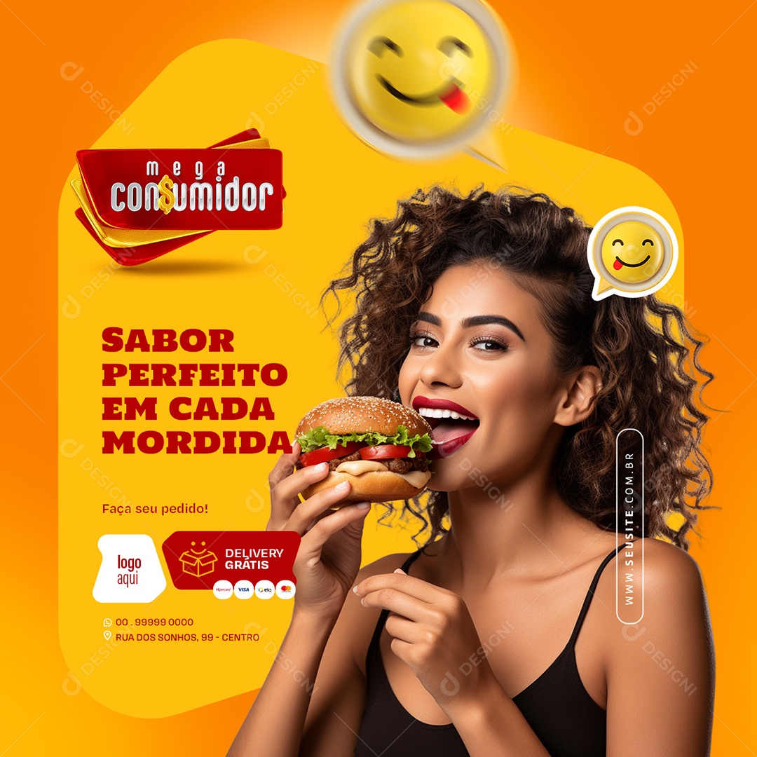 Mega Consumidor Hamburgueria Sabor Perfeito em cada Mordida Social Media PSD Editável
