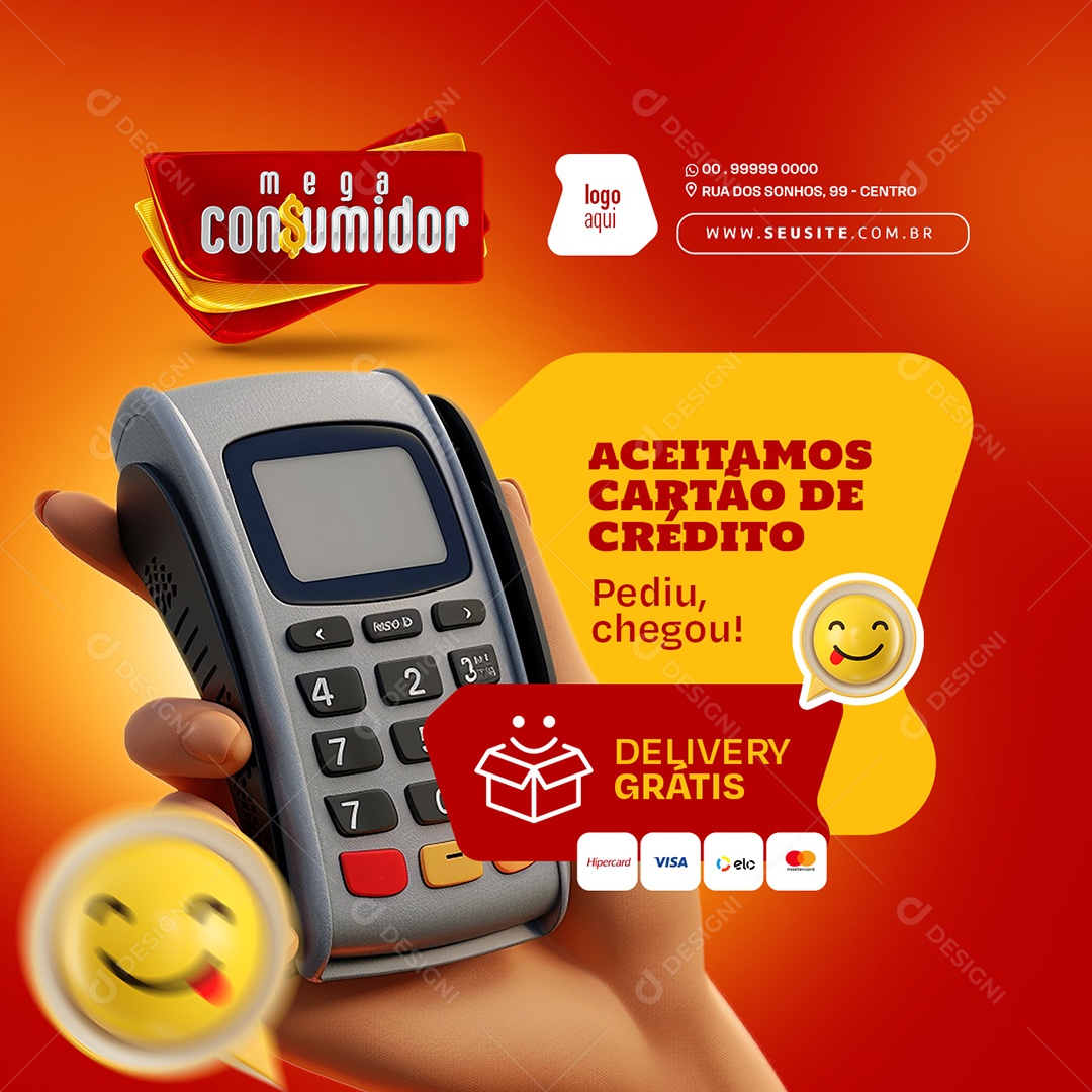 Mega Consumidor Hamburgueria Aceitamos Cartão de Crédito Social Media PSD Editável