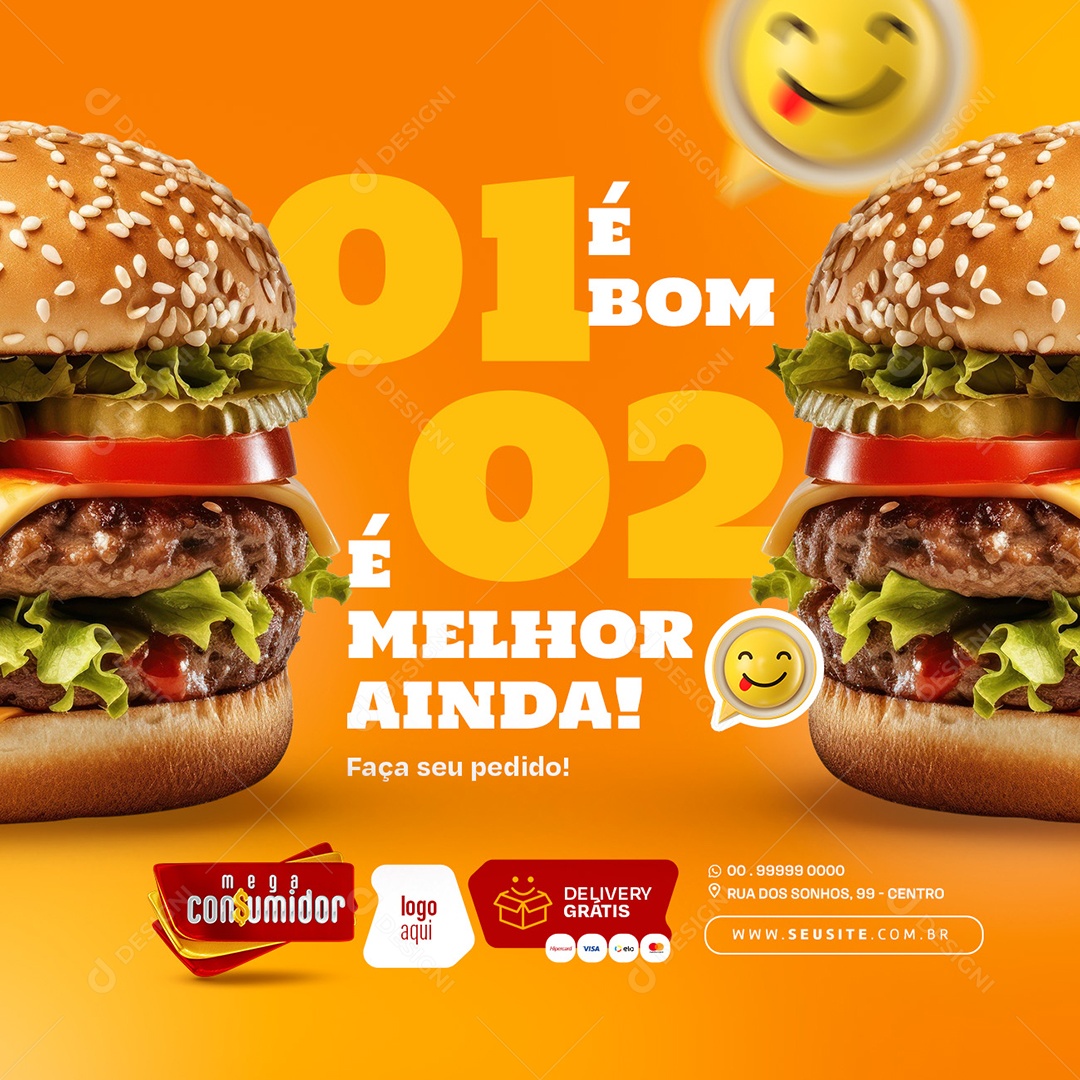 Mega Consumidor Hamburgueria 1 é Bom é 2 Melhor ainda Social Media PSD Editável