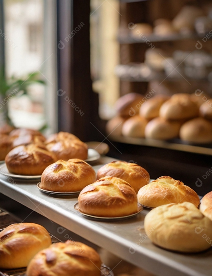 Bancada de padaria cheia de gostosos pães