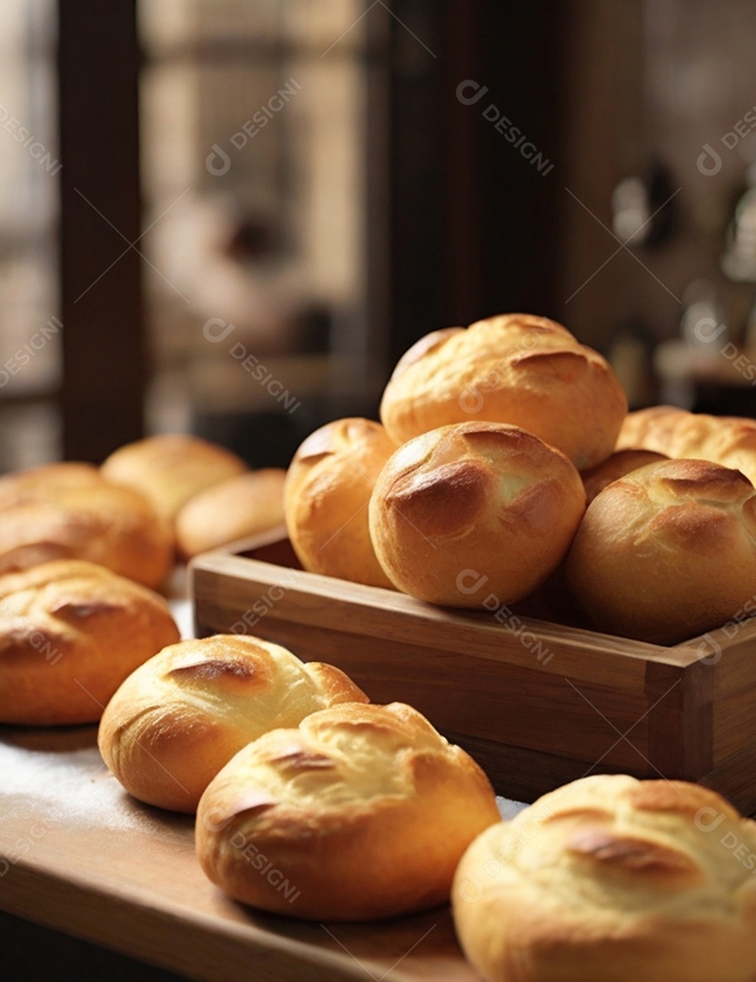 Pães assados na cesta de madeira