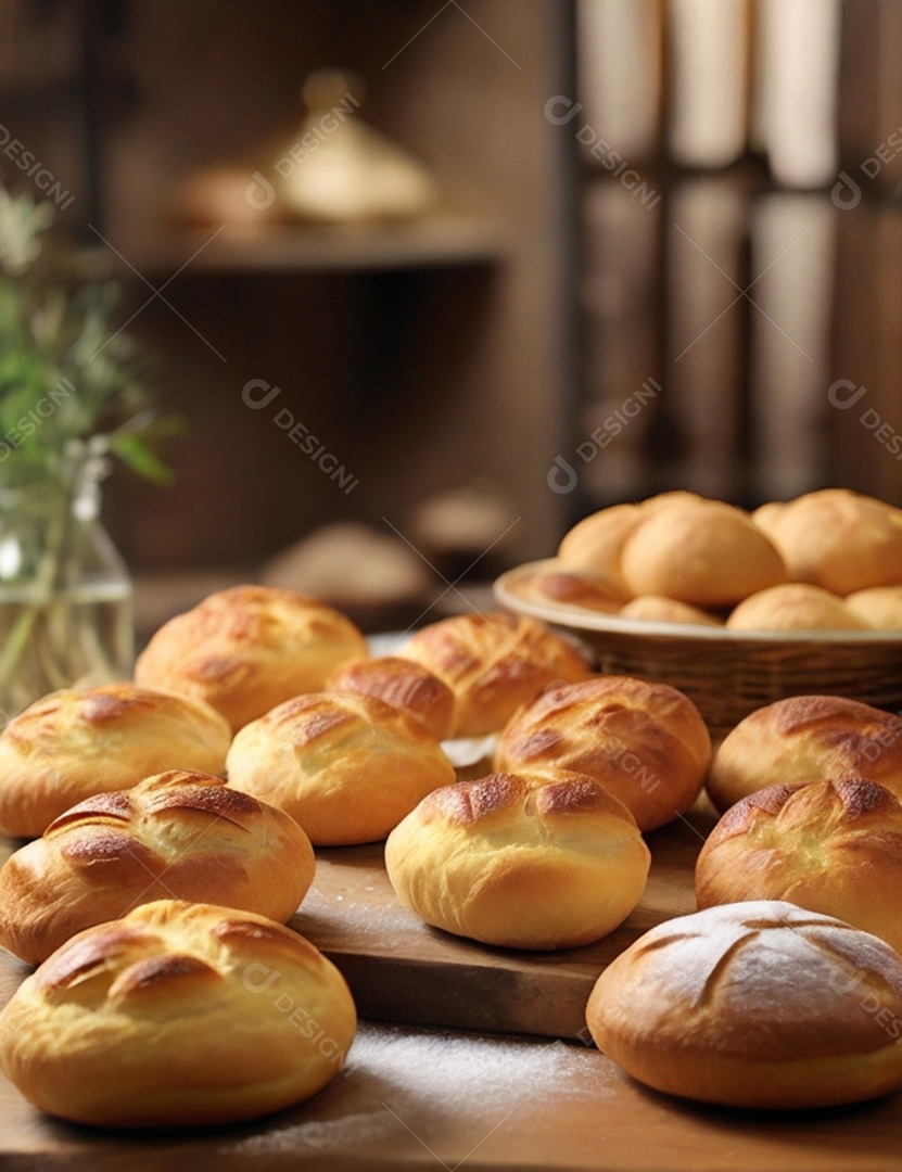 Muitos pães sobre tábua de madeira
