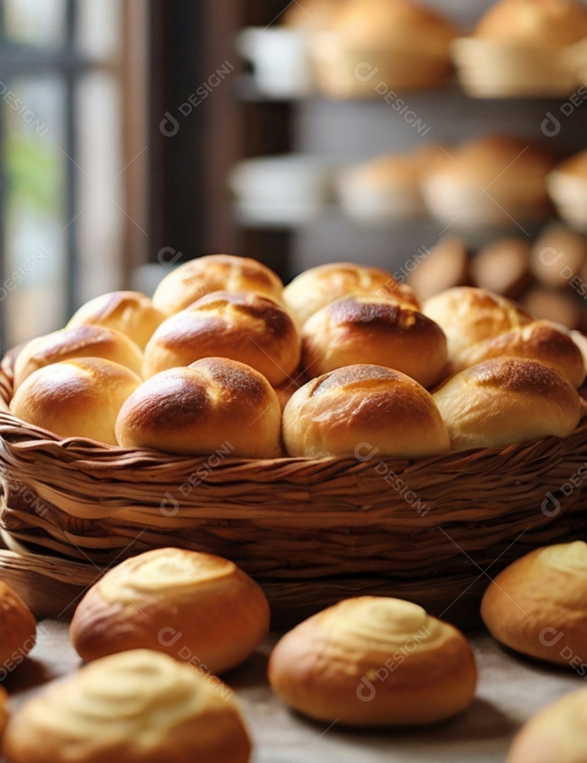 Pães assados na cesta de madeira