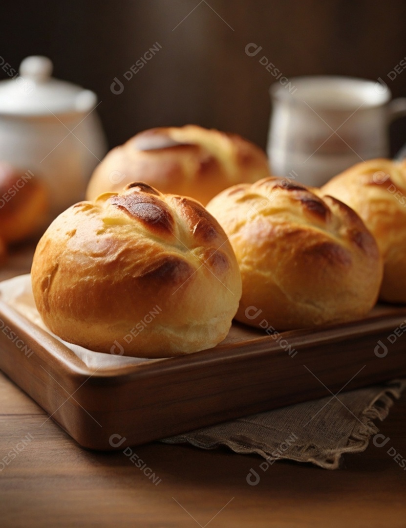 Pães assados sobre tábua de madeira