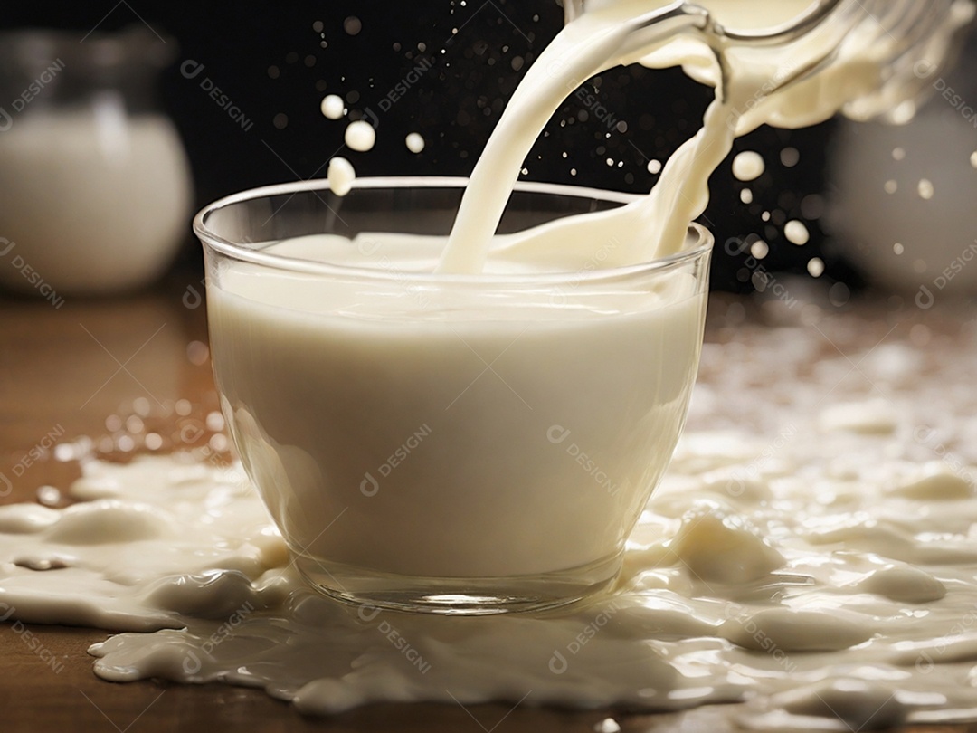 Pote de leite derramando sobre a mesa