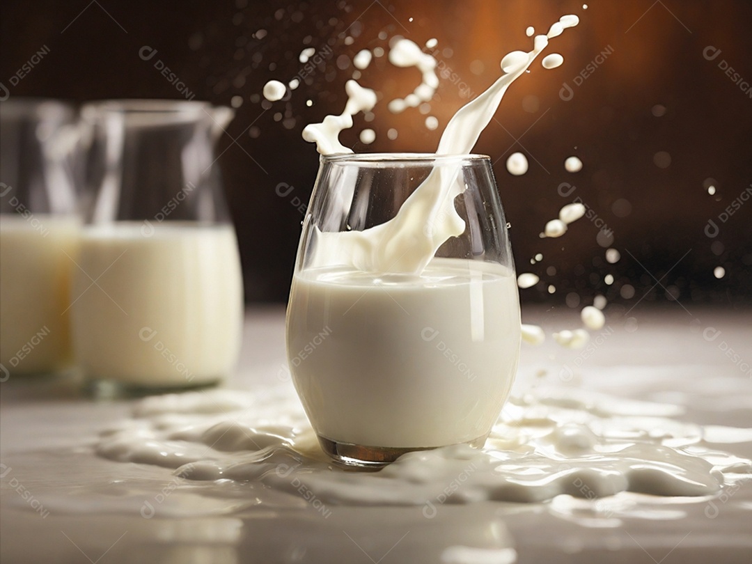 Jarras e copo de leite sobre uma mesa