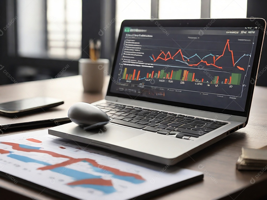Escritório de empresa com laptop aberto em gráficos