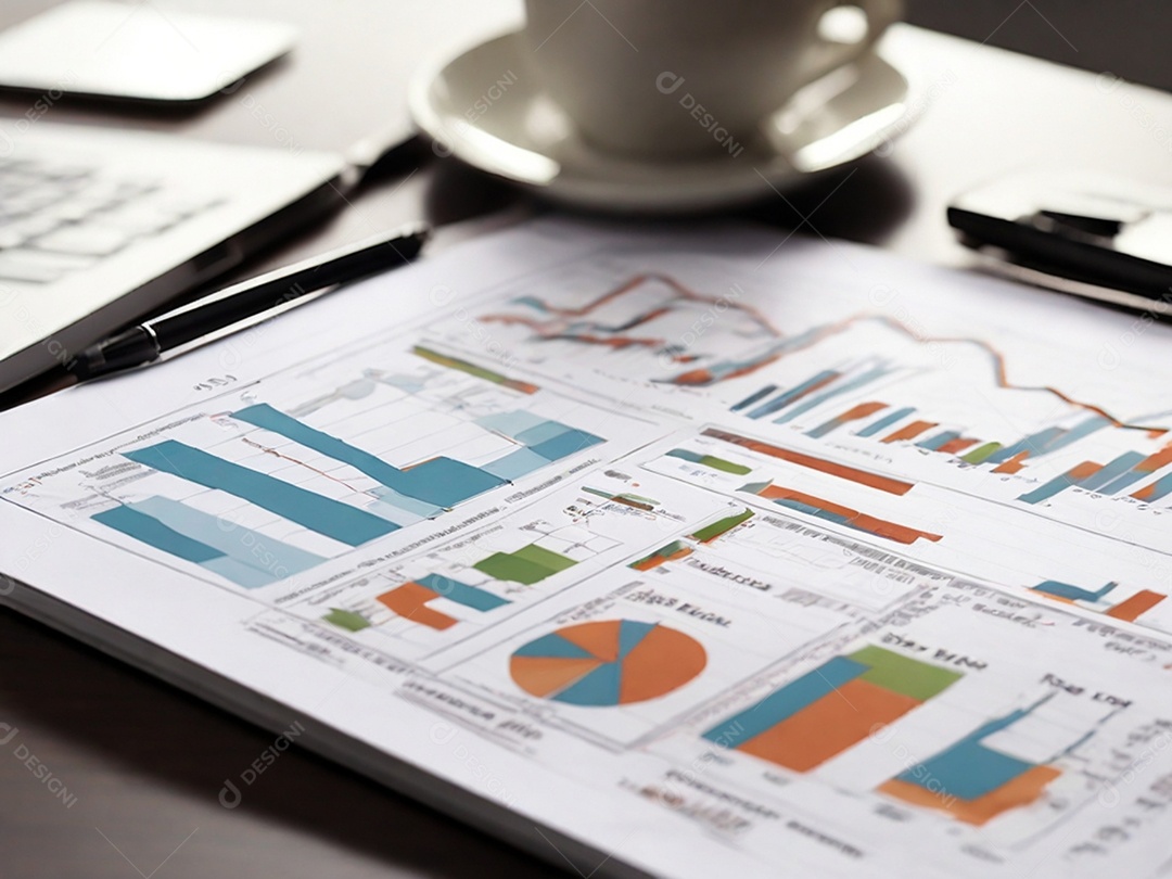 Planilhas de gráficos sobre uma mesa com xícara de café
