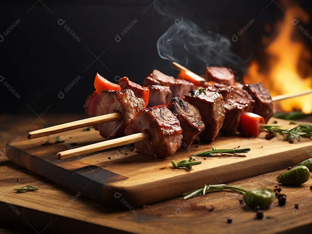 Espetinhos de carne sobre tábua de madeira