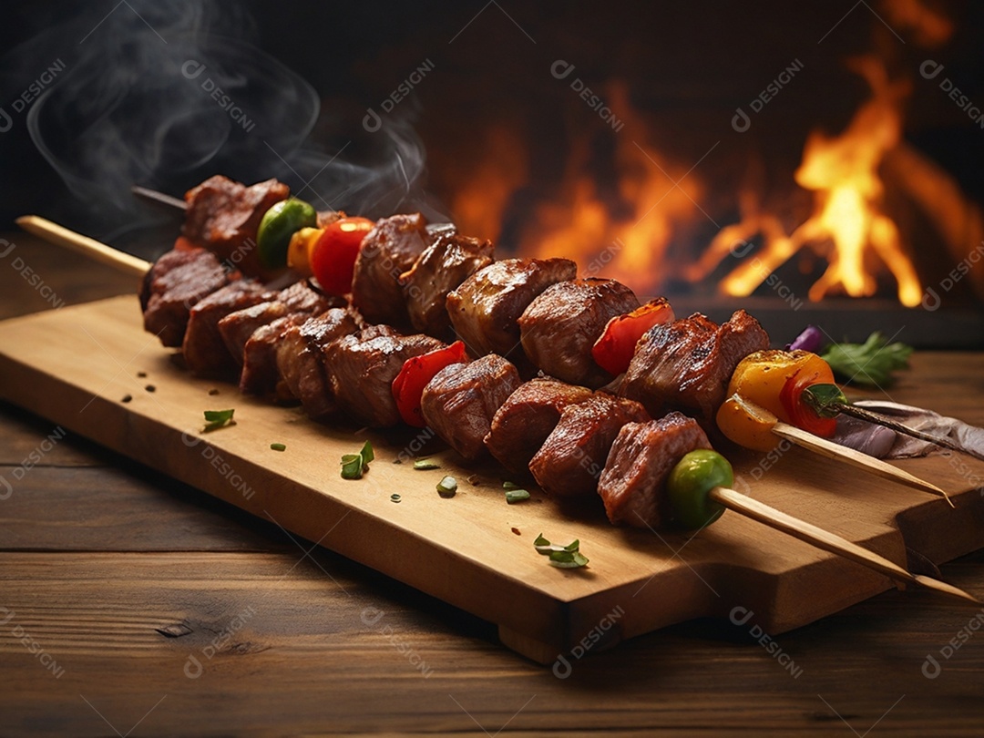 Espetinhos de carne sobre tábua de madeira