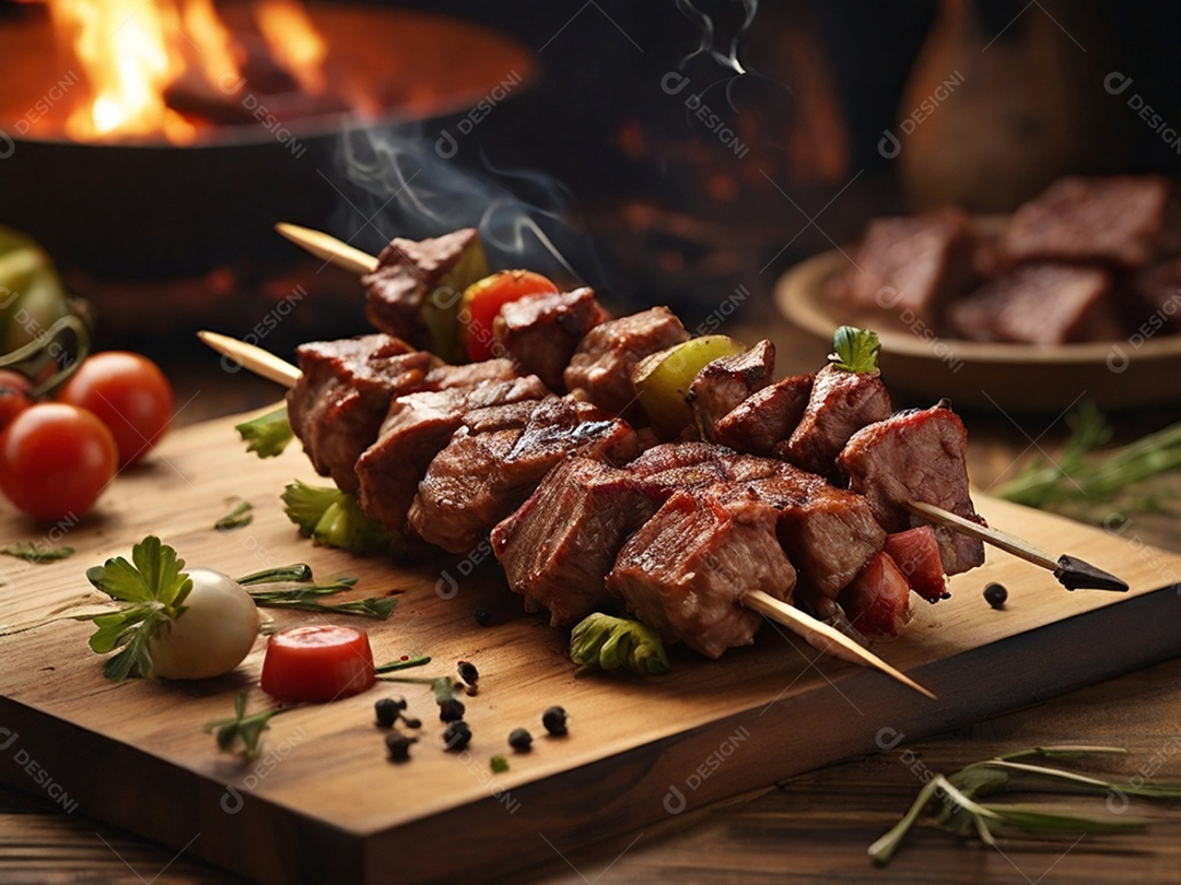 Carnes e legumes no espeto sobre tábua rústica