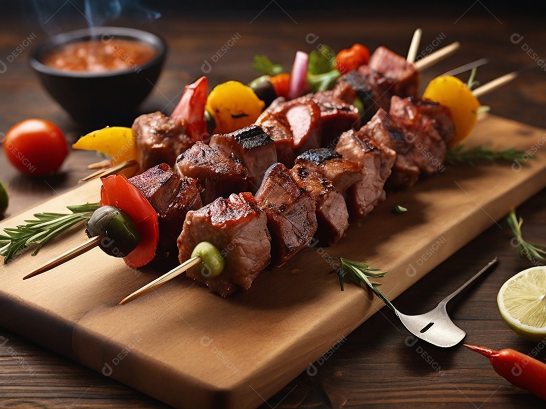 Carnes e legumes no espeto sobre tábua rústica