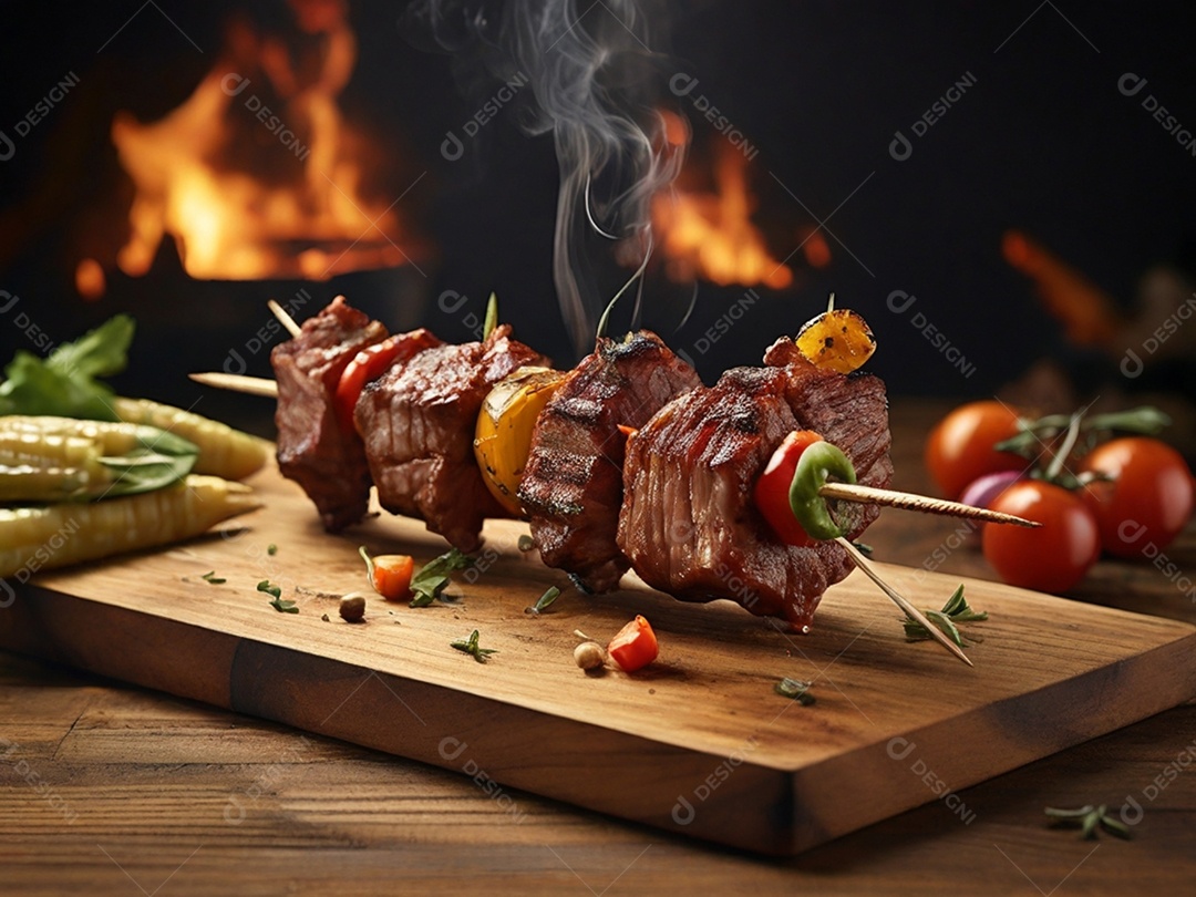 Tábua rústica com carnes assada