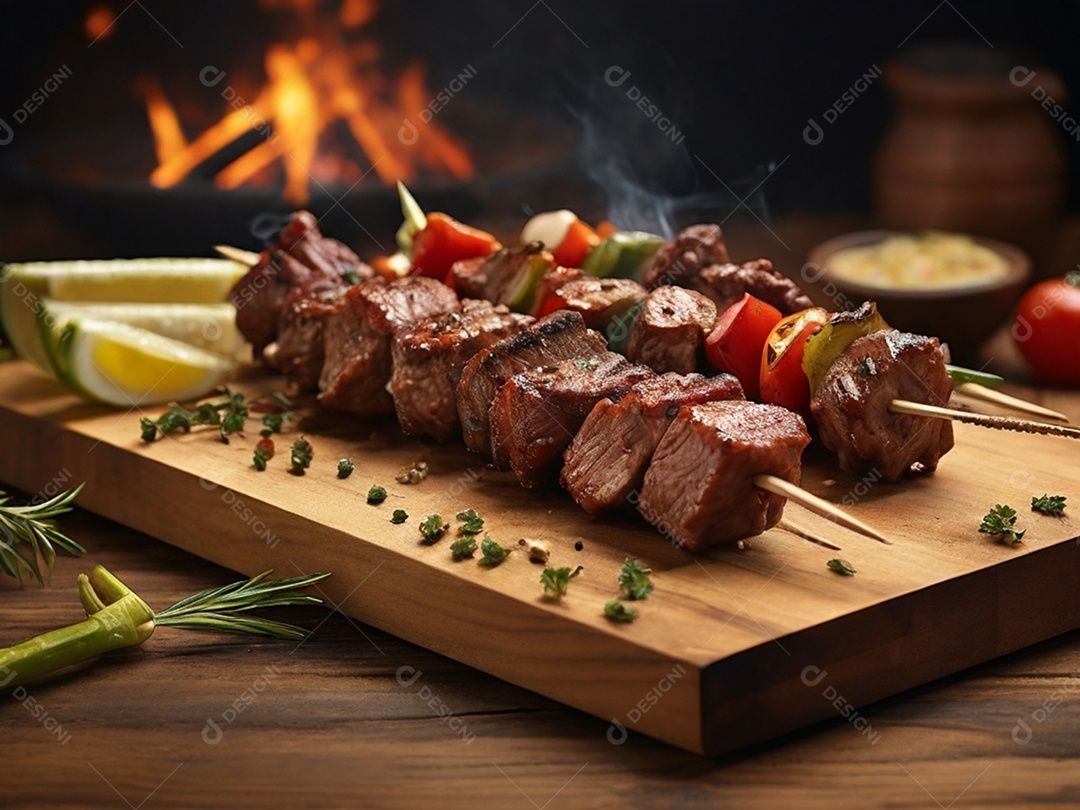 Espetinhos de carne com verduras e legumes