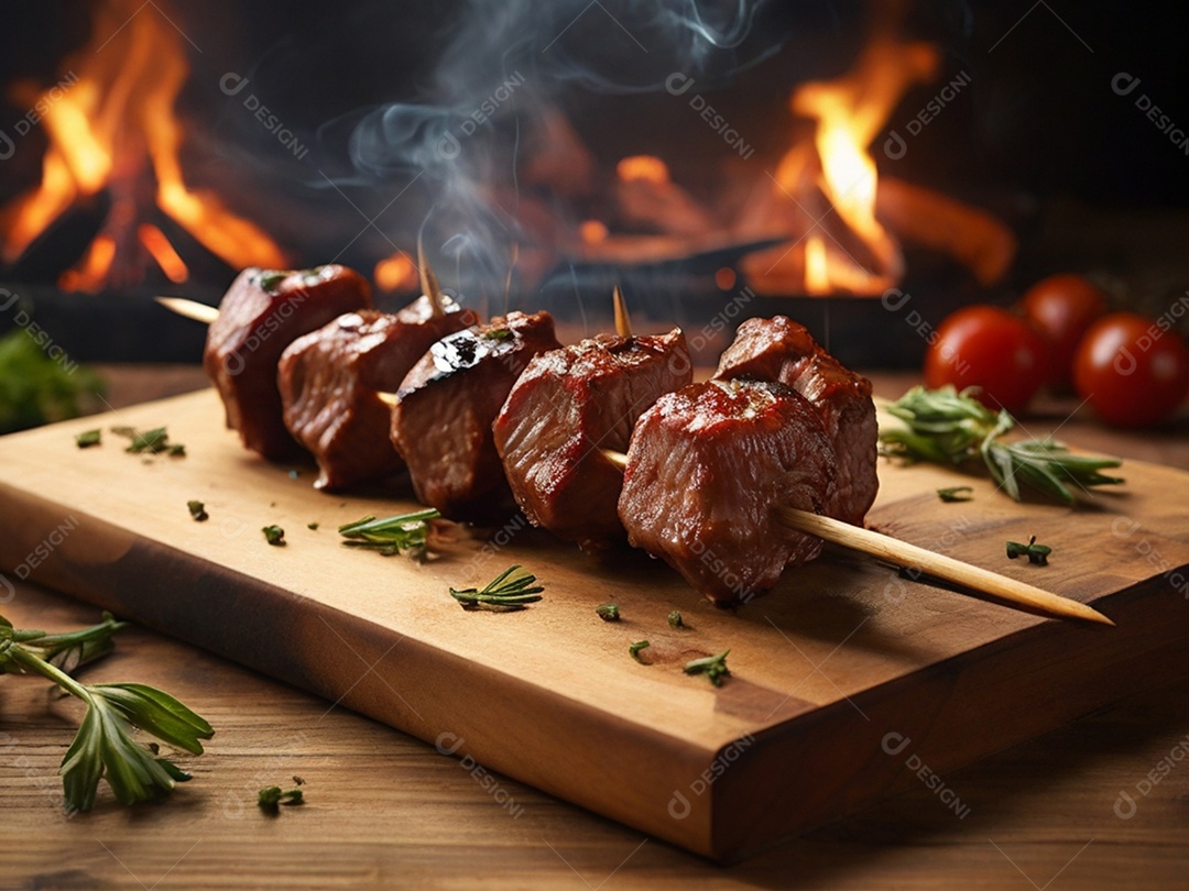 Carnes e legumes no espeto