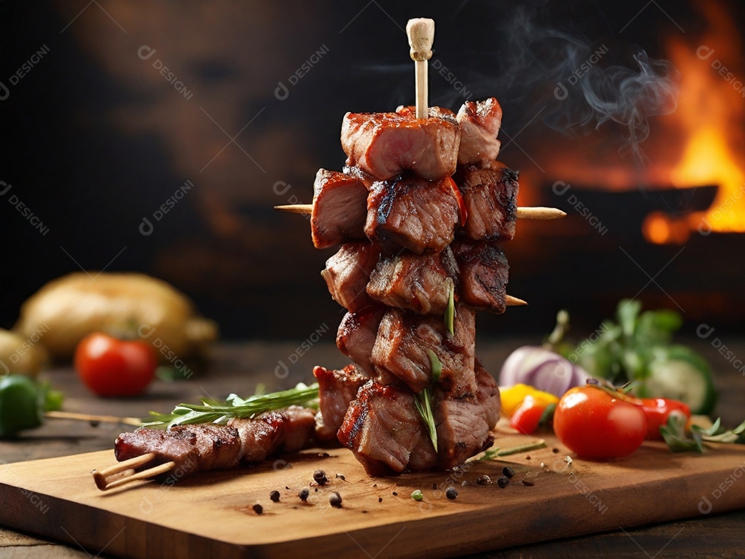 Carnes e legumes no espeto