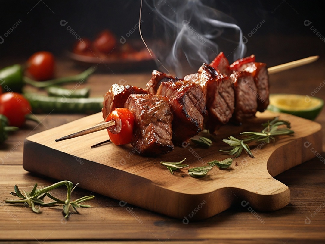 Carnes e legumes no espeto