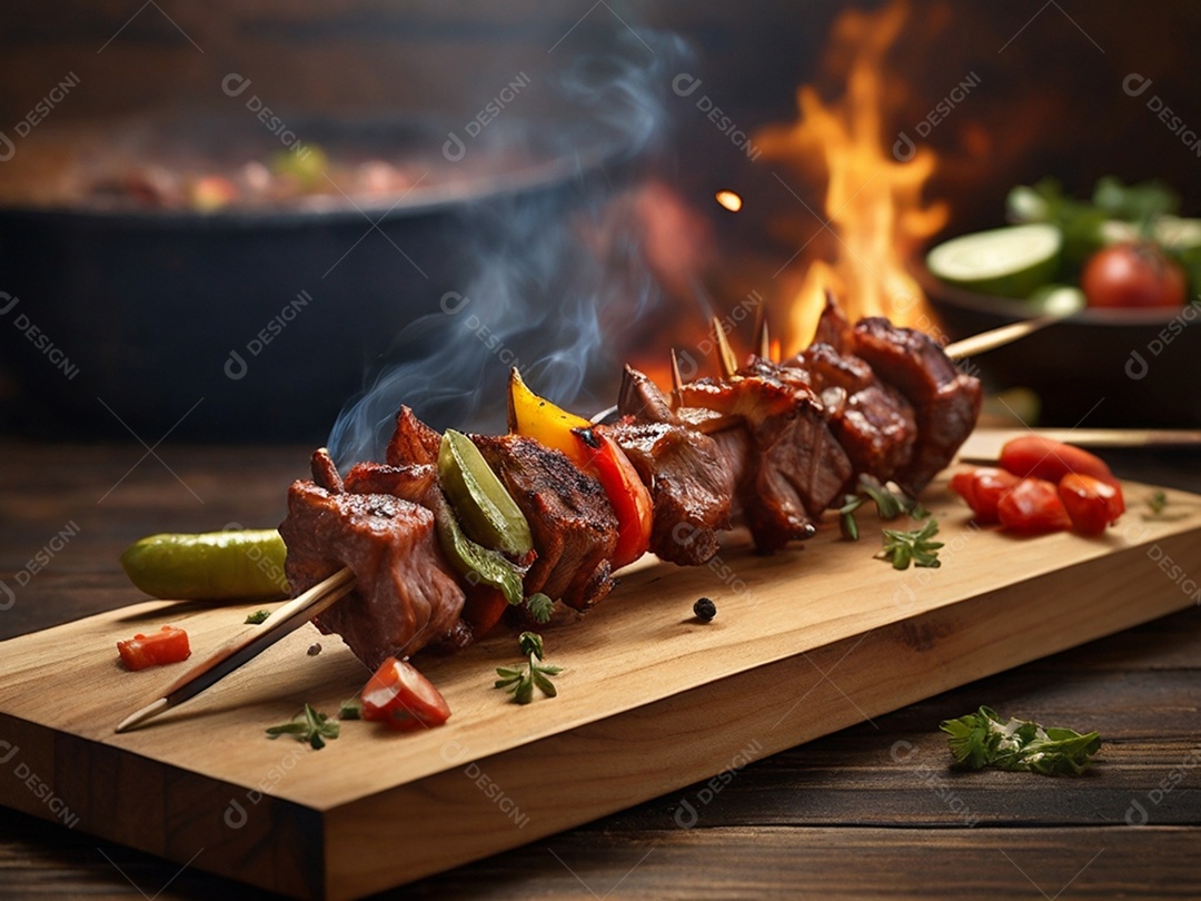 Carnes e legumes no espeto