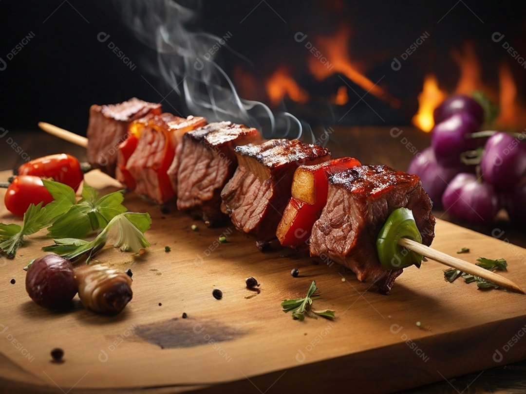 Carnes com legumes no espeto