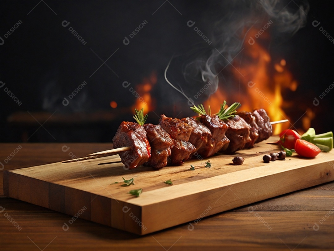 Espetinhos de carnes e muitos legumes