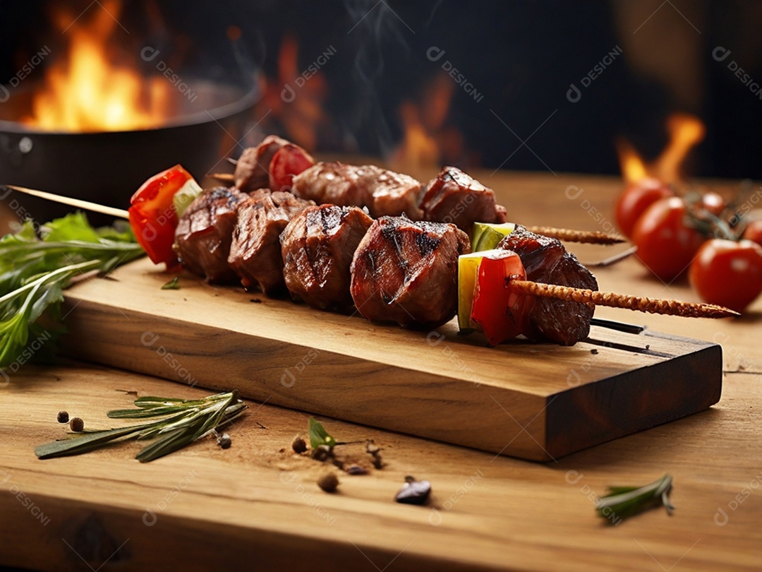 Tábua rústica com carnes assada