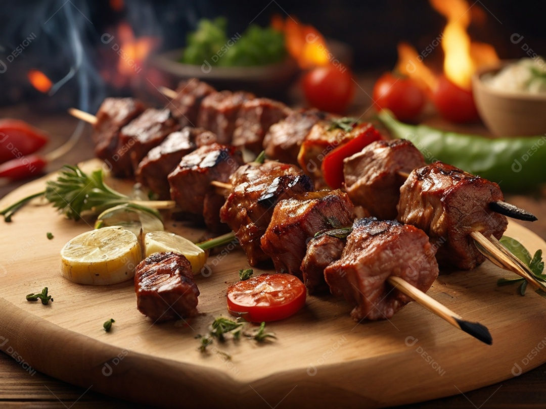 Tábua rústica com carnes assada