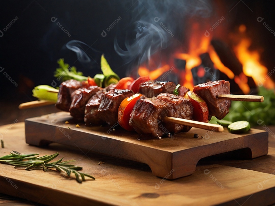 Tábua de madeira rústica com carnes assada