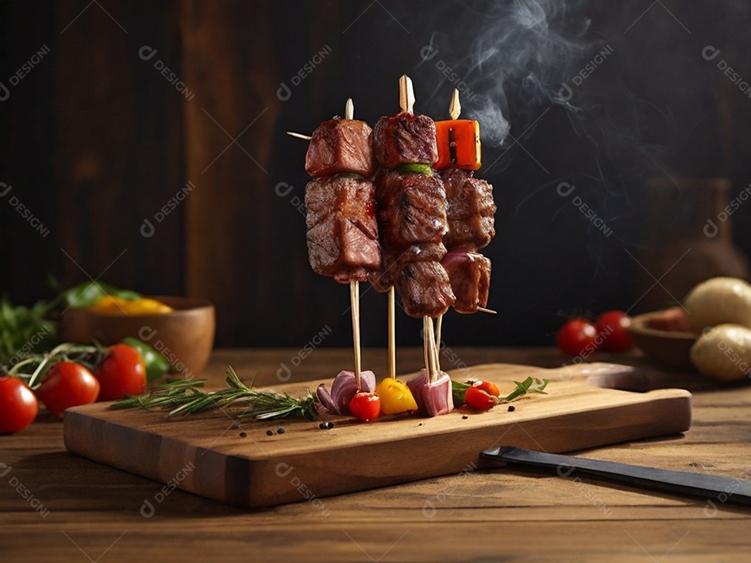 Tábua de madeira com mini espetos carnes