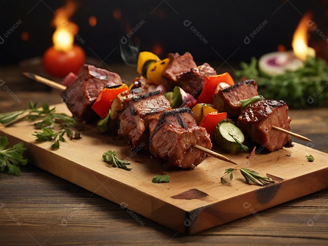 Tábua de madeira com espeto de carne