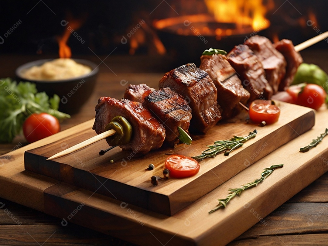 Carnes no espetinhos sobre tábua