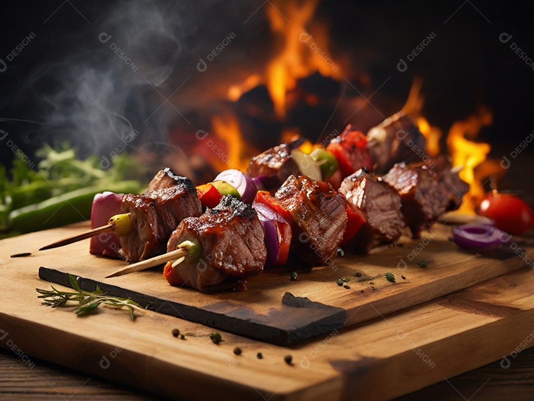 Espetinhos de carnes com vegetais assados