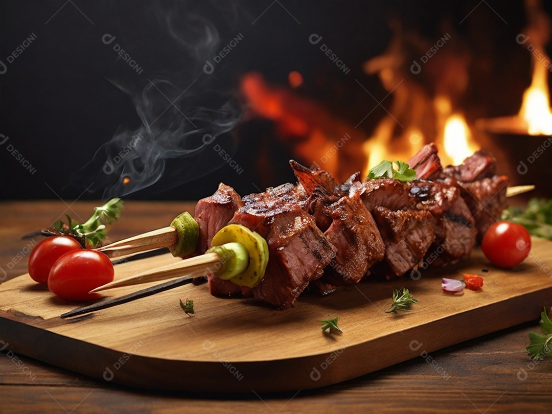Espetinho de carne com verduras em cima de tábua
