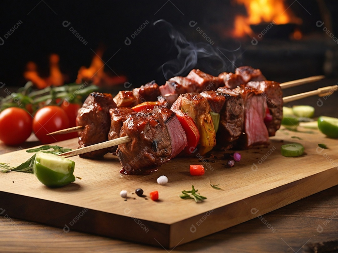 Espetinhos de carnes com legumes assados sobre uma tábua