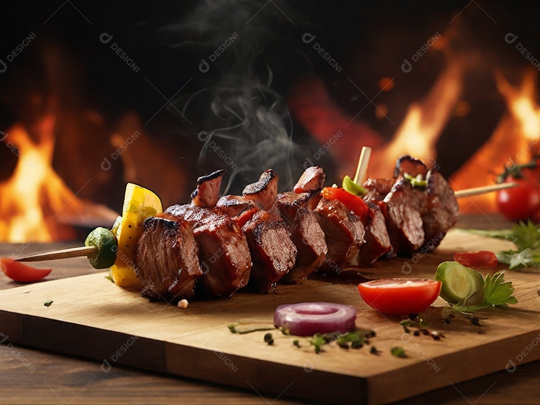 Espetinhos assado de carne e verduras ao lado