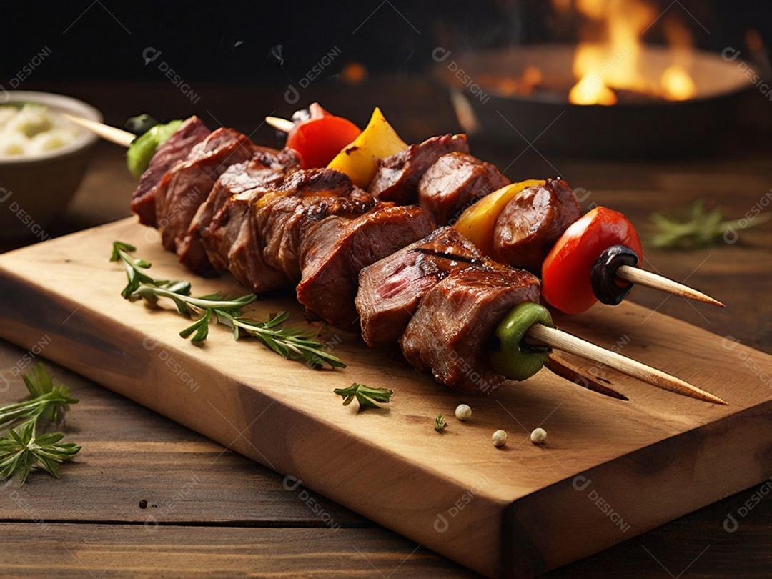 Tábua de madeira com espetinhos de carne com legumes