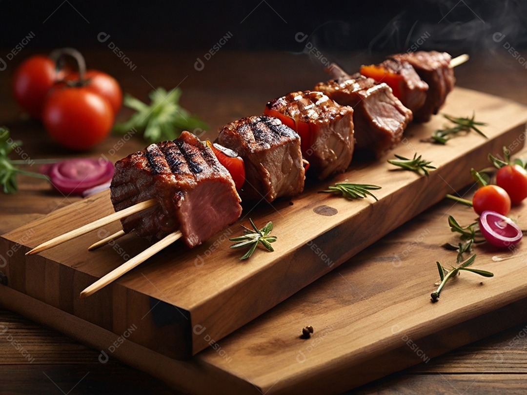Tábua de madeira com espetinho de carne assado