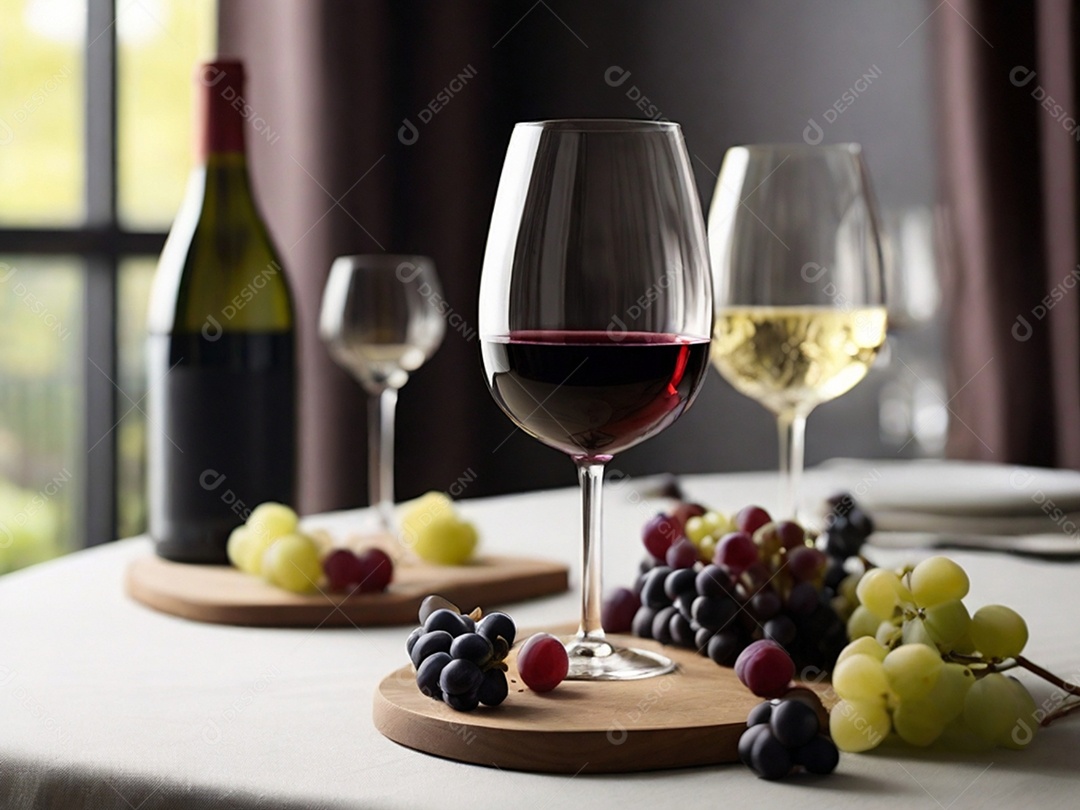 Garrafa e taças de vinho com tábua de frutas sobre a mesa