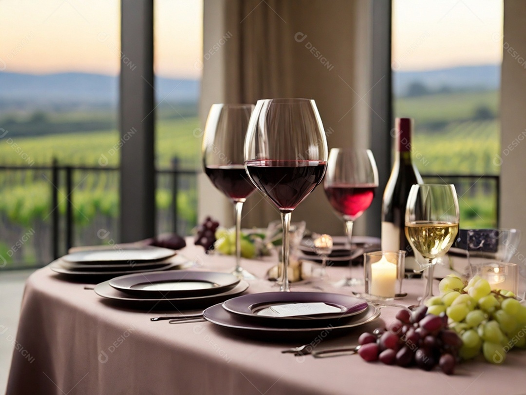 Mesa posta para jantar com taças de vinho