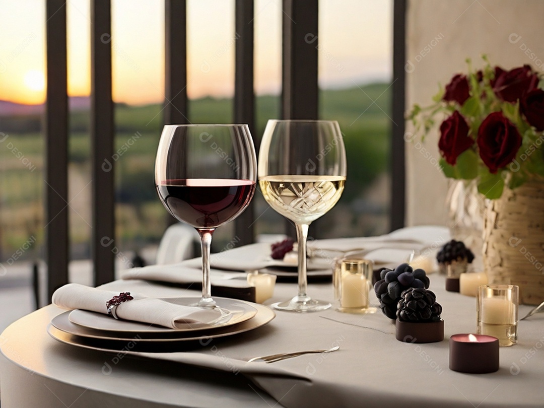 Mesa posta decorada com rosas e frutas taças de vinho